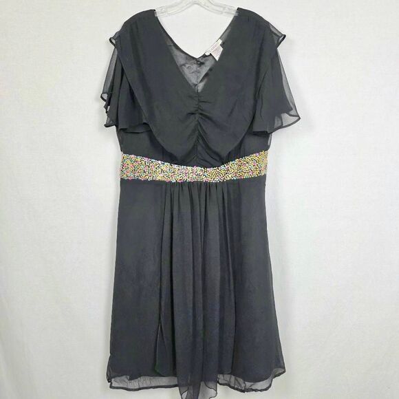 Roaman’s Plus Beaded Waist Black Chiffon Dress 16W - Picture 1 of 9